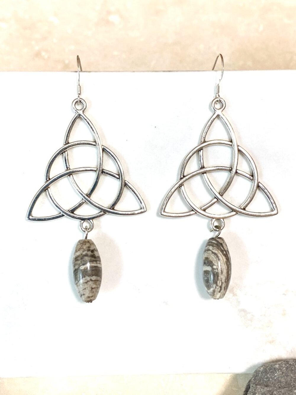 2/$20, Earthy Picasso Stone Celtic Trinity Earrings, Gemstone & 925 Silver Hooks
